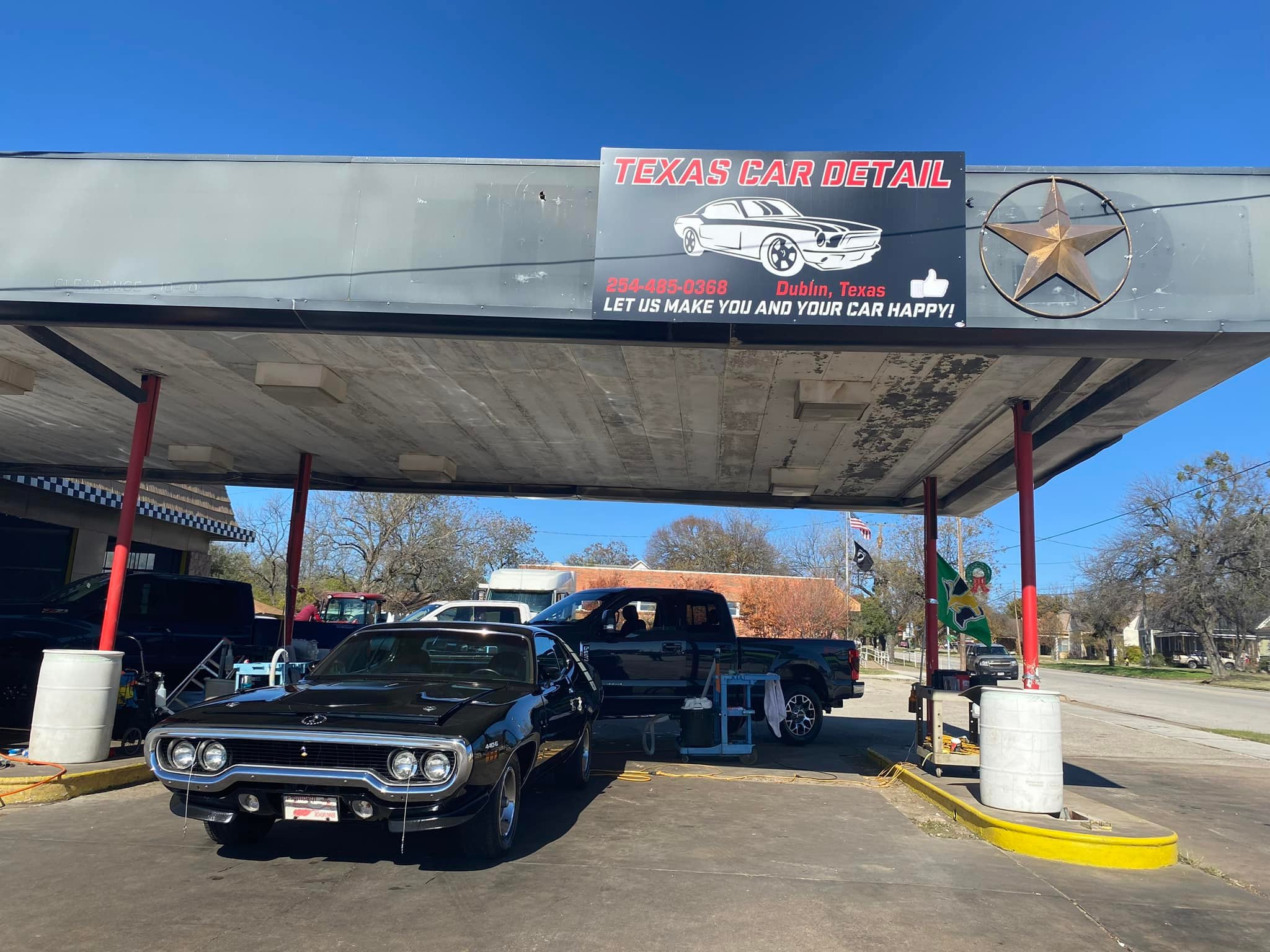 Texas Car Detail signage and canopy at our Dublin, TX shop